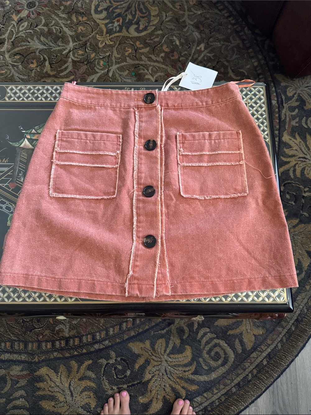 Honey Belle Coral Button-Front Mini Skirt with Patch Pockets